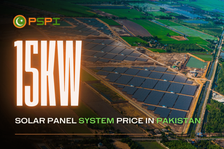 15kW solar panel system price in Pakistan displayed with PSPI branding over a large solar farm background.