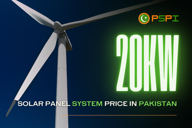20kW solar panel system price in Pakistan – PSPI visual showcasing renewable energy with wind turbine and green glowing text for solar pricing insights