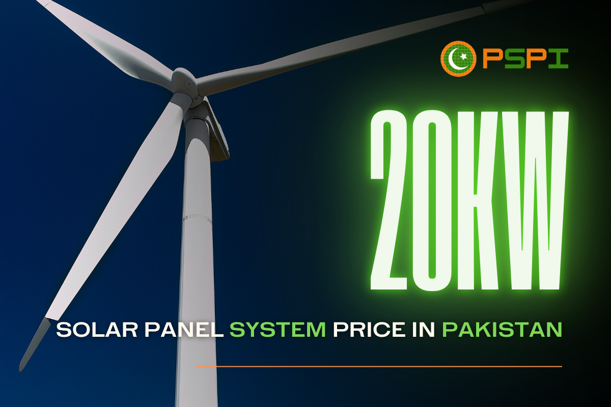 20kW Solar System Price in Pakistan | Latest 1 20kW solar panel system price in Pakistan – PSPI visual showcasing renewable energy with wind turbine and green glowing text for solar pricing insights