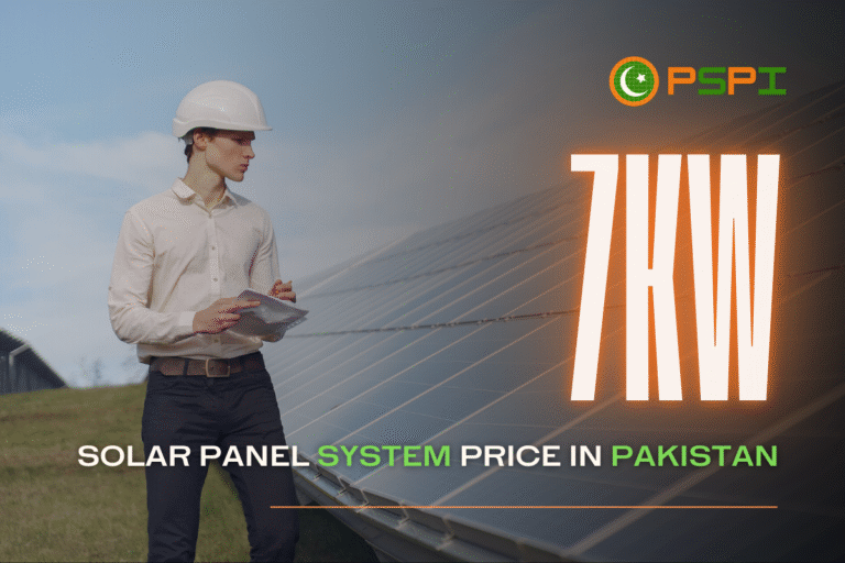Engineer inspecting solar panels at a site with "7kW Solar Panel System Price in Pakistan"