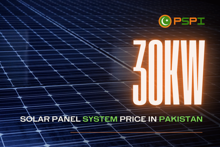 30kW solar panel system price in Pakistan – PSPI banner showing solar panels with bold 30kW text and PSPI logo, highlighting Pakistan's solar energy focus.